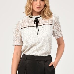 Adelyn Rae Nelli Puff Sleeve Lace Top with Black Velvet Tie